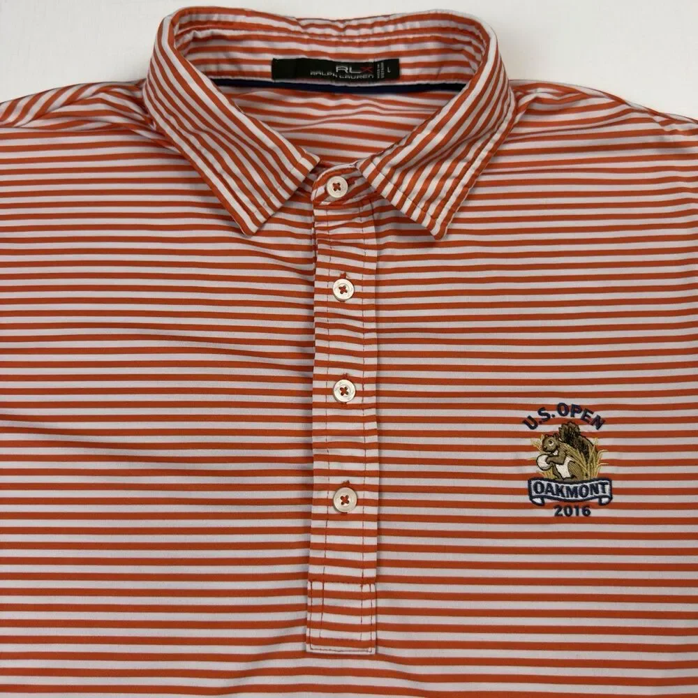 RLX Ralph Lauren Golf Polo Mens L Orange, White Stripe 2016 US Open Oakmont